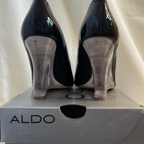 EUC Aldo Size 7/ 37 Javea Black patent lucite wedge heels - Picture 6 of 16